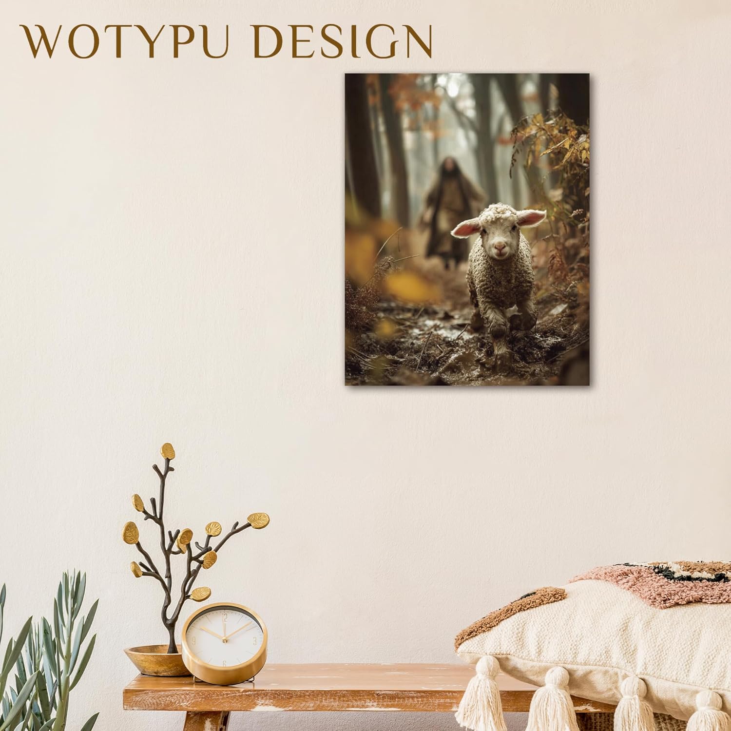 WOTYPU Jesus and the Lamb Christian Wall Art Decor, Christian Home Decor, Jesus Leaves the 99 Sheep Religious Framed Canvas Prints Poster Wall Decorations for Prayer Home Living Room Bedroom, 11x14
