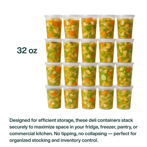 ProTakeOut 32oz [24 set] Heavy Duty Plastic Deli Container | BPA-Free Food Storage with Airtight Leak‑Proof Lids | Microwave, Freezer & Dishwasher Safe – Stackable, Bulk Reusable Soup & Meal Prep Tub