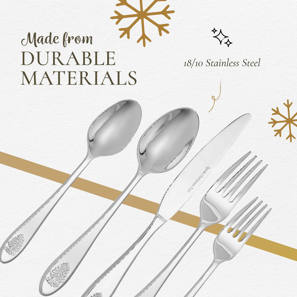 Spode Christmas Tree Collection 20-Piece Stainless Steel Flatware Set - Holiday Cutlery Set - Dishwasher Safe Silverware - 4 Dinner Forks, Salad Forks, Dinner Knives, Tablespoons, Teaspoons