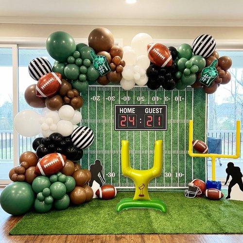 140PCS Football Party Balloon Arch Kit – Game Day Decorations with Football Foil Balloons, Referee Stripe Balloons, #1 Hand Balloons & Field Goal Post, Green Brown Black Balloon Garland