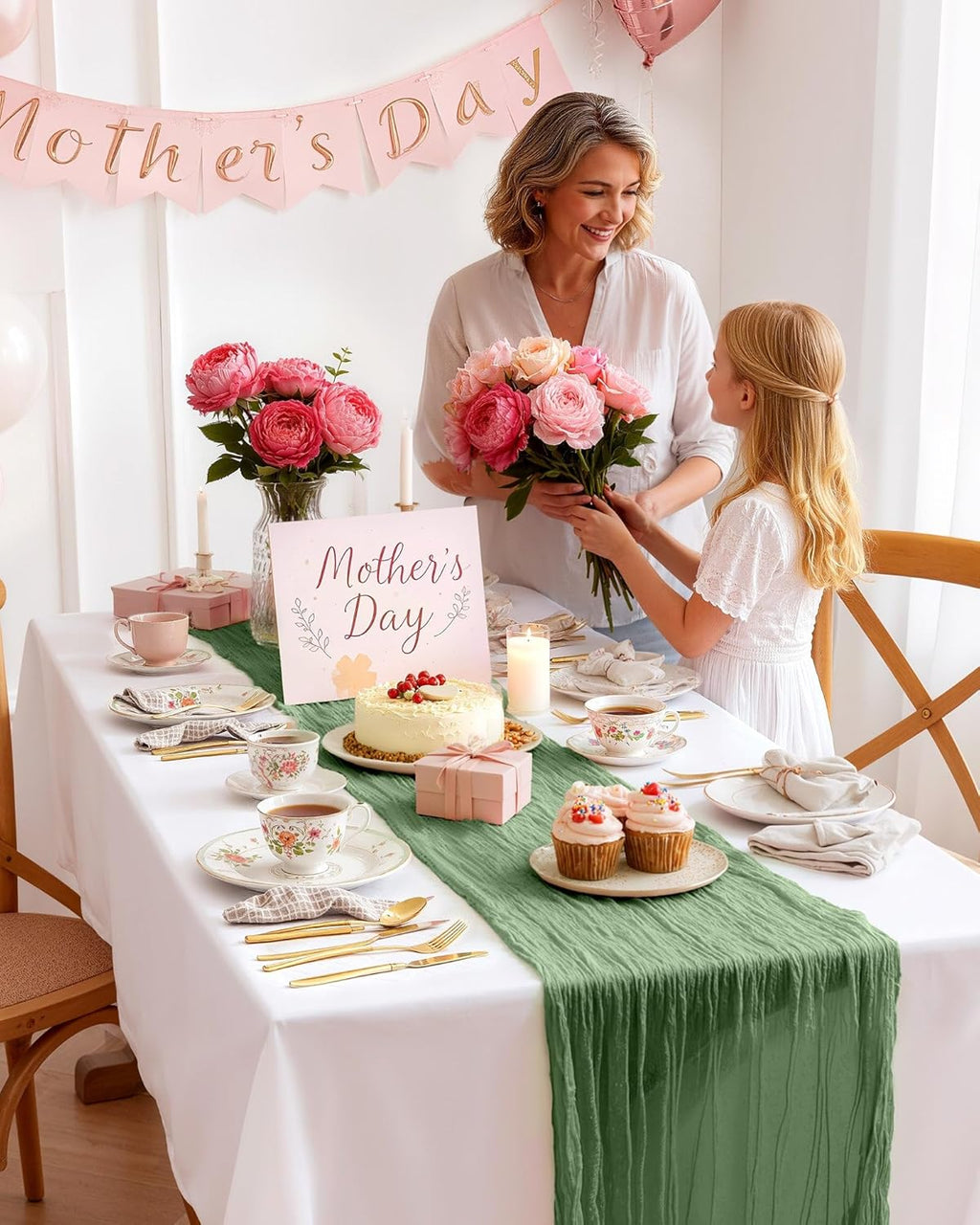 Pureegg Cheesecloth Table Runner - 120'' Sage Green Boho Decor for Easter, Weddings & Parties
