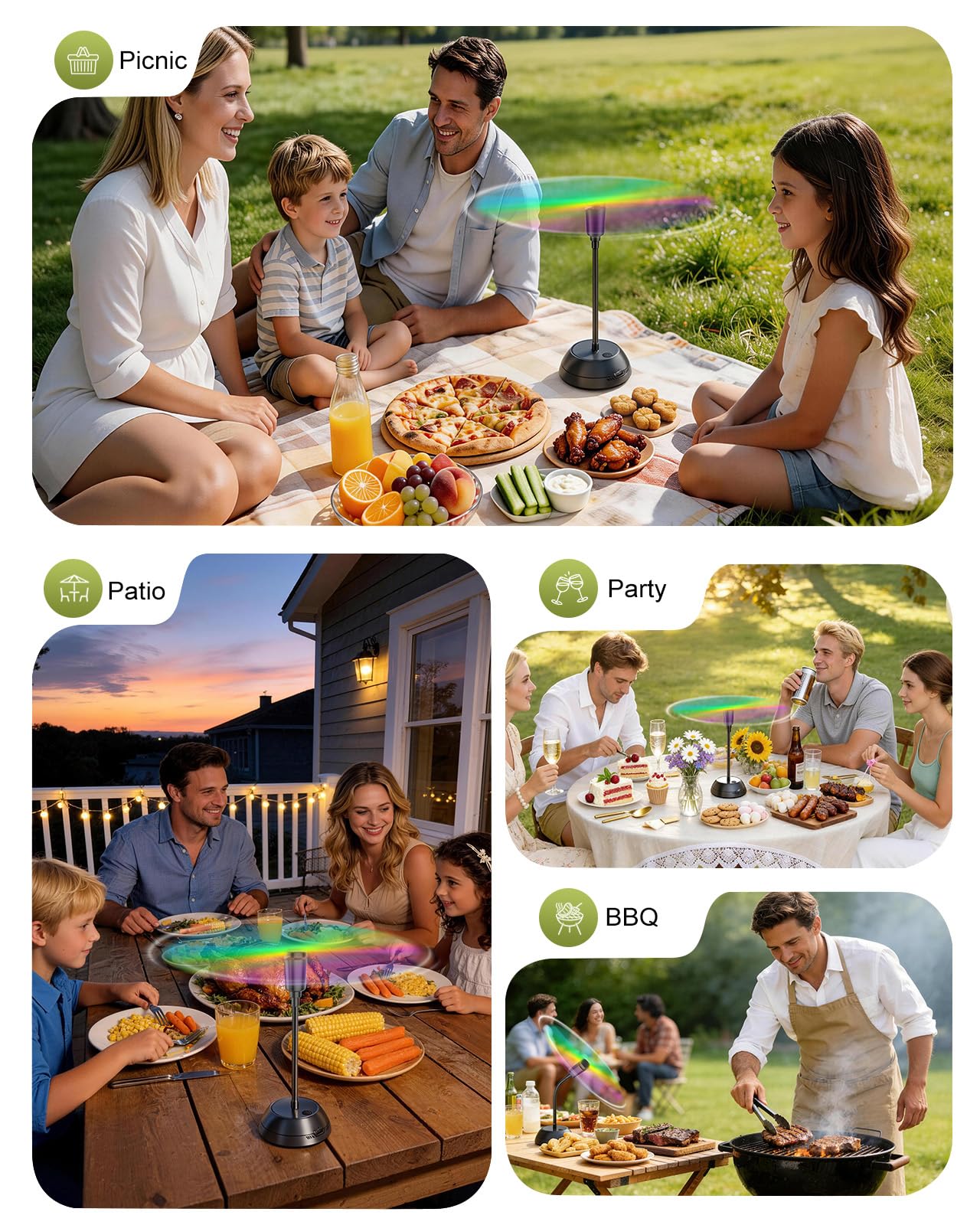 Edvision 4PCS Food Fan for Table, 2000mAh Rechargeable Portable Tabletop Fans with Holographic Blades and 360° Goose-Neck, Table Food Spinner Quiet for Picnic, Home, Party, BBQ(Black)