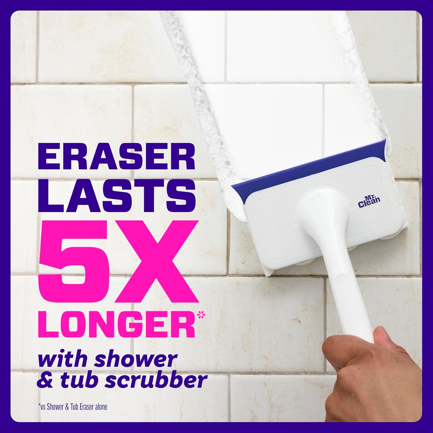 Mr. Clean Magic Eraser Shower & Tub Scrubber - All-in-One Bathroom Cleaner Kit | Lemon Scent, 1 Scrubber & 2 Erasers