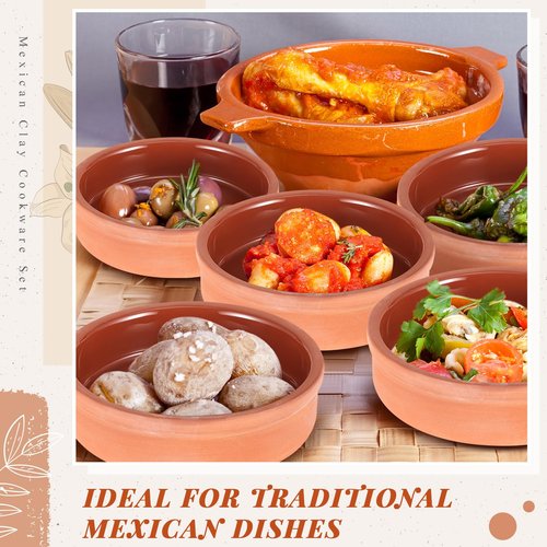 Teenyyou 10 Pcs Mexican Clay Cookware Set 5''x1.3'' Traditional Clay Pot for Cooking Oven Safe Earthenware Pot for Bean Birria Carnitas Mole Rice Cooker Day of the Dead Christmas Party Supply Gift