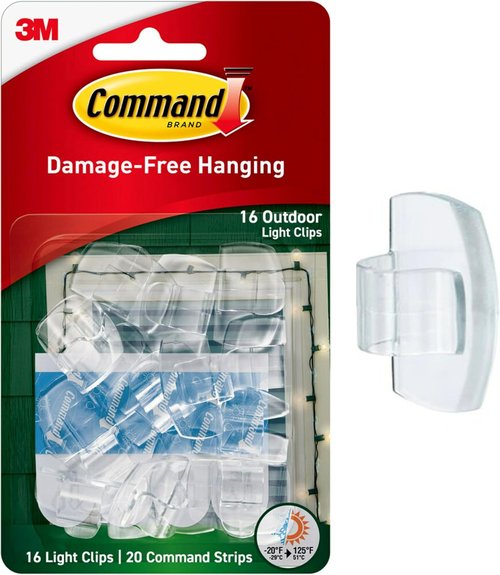 Command Outdoor Light Clips - Water-Resistant Adhesive Clips & Strips | 16 Clips, 20 Strips, Clear
