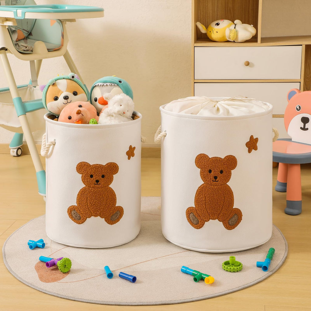 Kids Laundry Basket Nursery Hamper Baby Laundry Basket Stuffed Animal Toys Storage Baskets for Toddler Room Decor, Dirty Clothes Hampers with Drawstring Closure for Bedroom/Living Room/Nursery, Bear