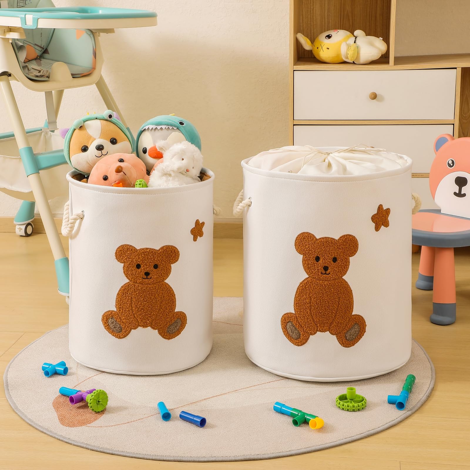 Kids Laundry Basket Nursery Hamper Baby Laundry Basket Stuffed Animal Toys Storage Baskets for Toddler Room Decor, Dirty Clothes Hampers with Drawstring Closure for Bedroom/Living Room/Nursery, Bear