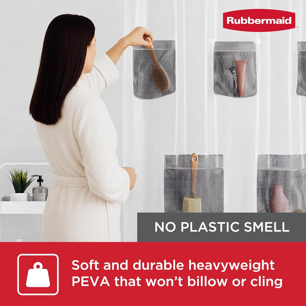 Rubbermaid Waterproof Shower Curtain Liner - Heavyweight PEVA with 5 Storage Pockets | 70x72, Frosty