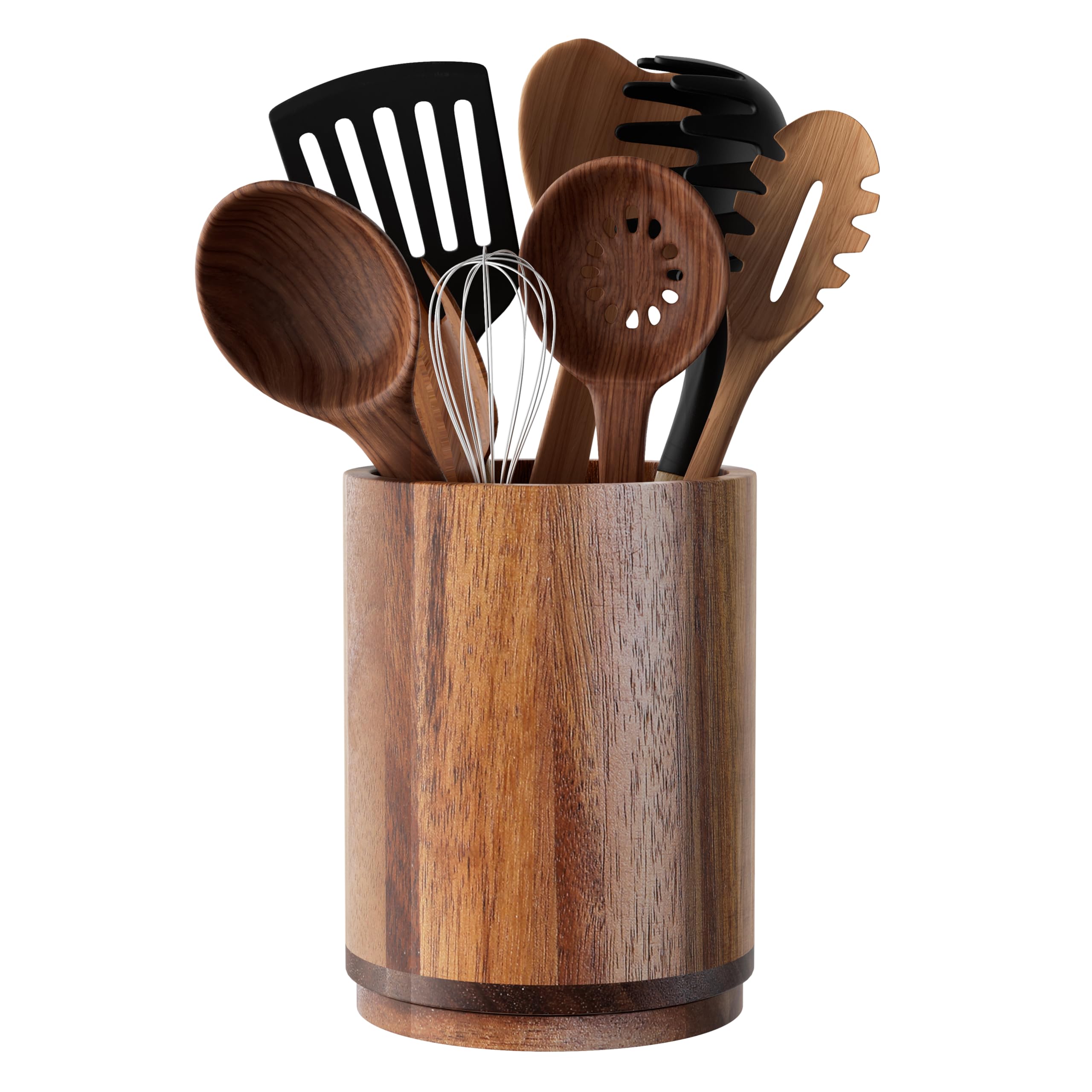 Segtenant Utensil Holder, Acacia Wood Kitchen Utensil Holder for Countertop, 360°Rotating Cooking Utensil Crock for Kitchen Counter, 7.2" Large Utensil Organizer for Spatula