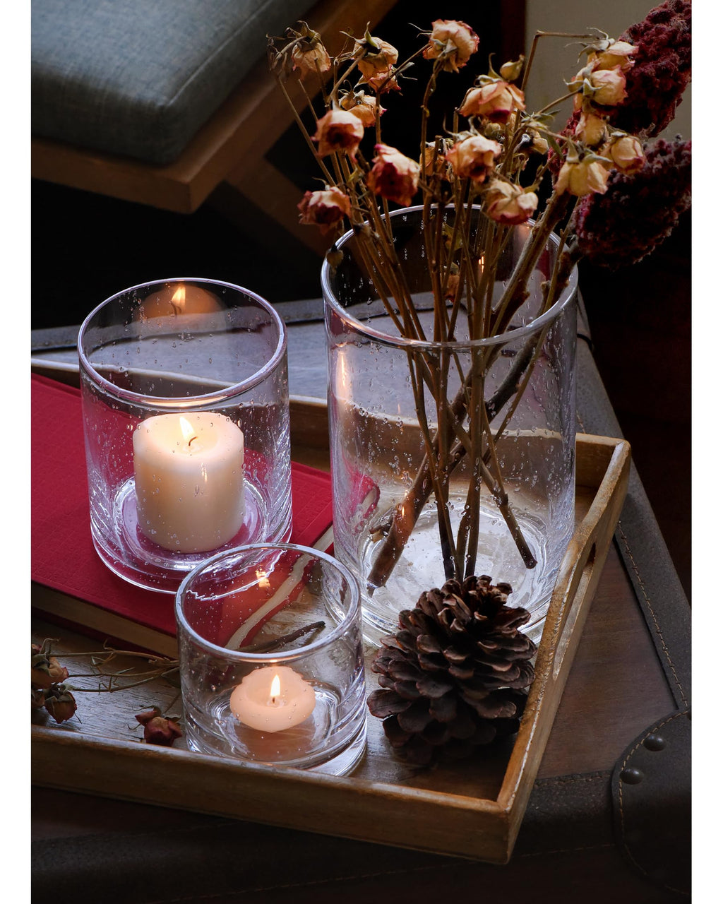 ARIAMOTION Glass Candle Holders Set, Hurricane Vase Centerpieces for Pillar Votive Flower,Clear Seeded Bubbles Cylinder Bulk, Mother's Day Birthday Gift,3 Sizes 8 Inch 5 Inch 3.5 Inch Height