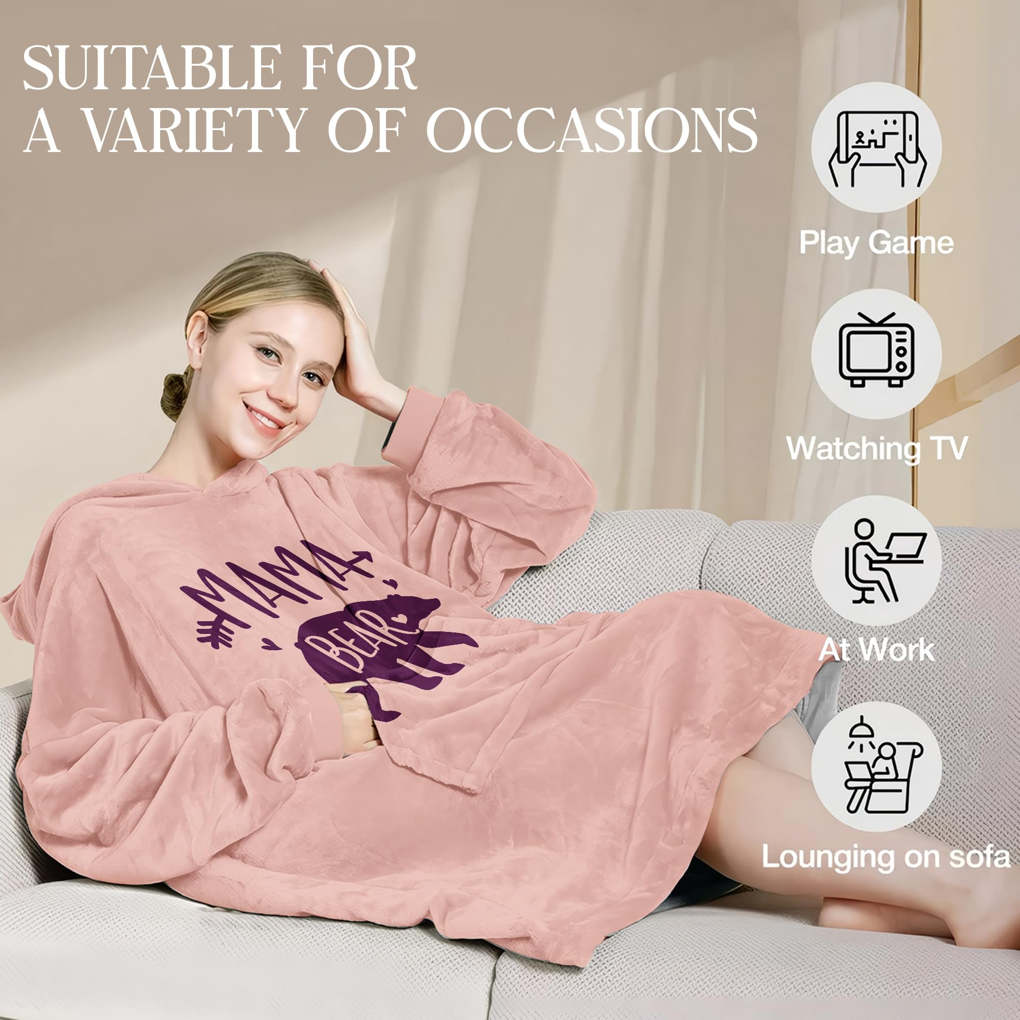 Warmstorey Mama Bear Hoodie Blanket, Mama Bear Gifts For Mom, Pink Blanket Hoodie Gift From Husband - Mothers Day Gift From Daughter Son - Wife Birthday Gifts, Gifts For Wife Women