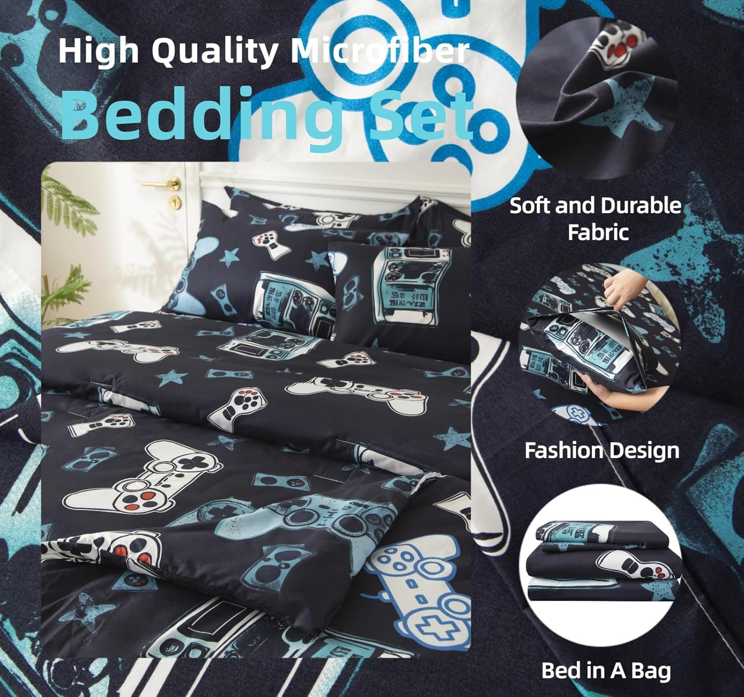SDY 7PCS Full Gaming Console Comforter & Sheet Set，Soft Cute Gamer Microfiber Bedding for Kids, Boys & Toddlers Room Decor, Includes 1 Comforter, 1 Flat&Fitted Sheet, 2 Pillowcases & 2 Pillow Shams
