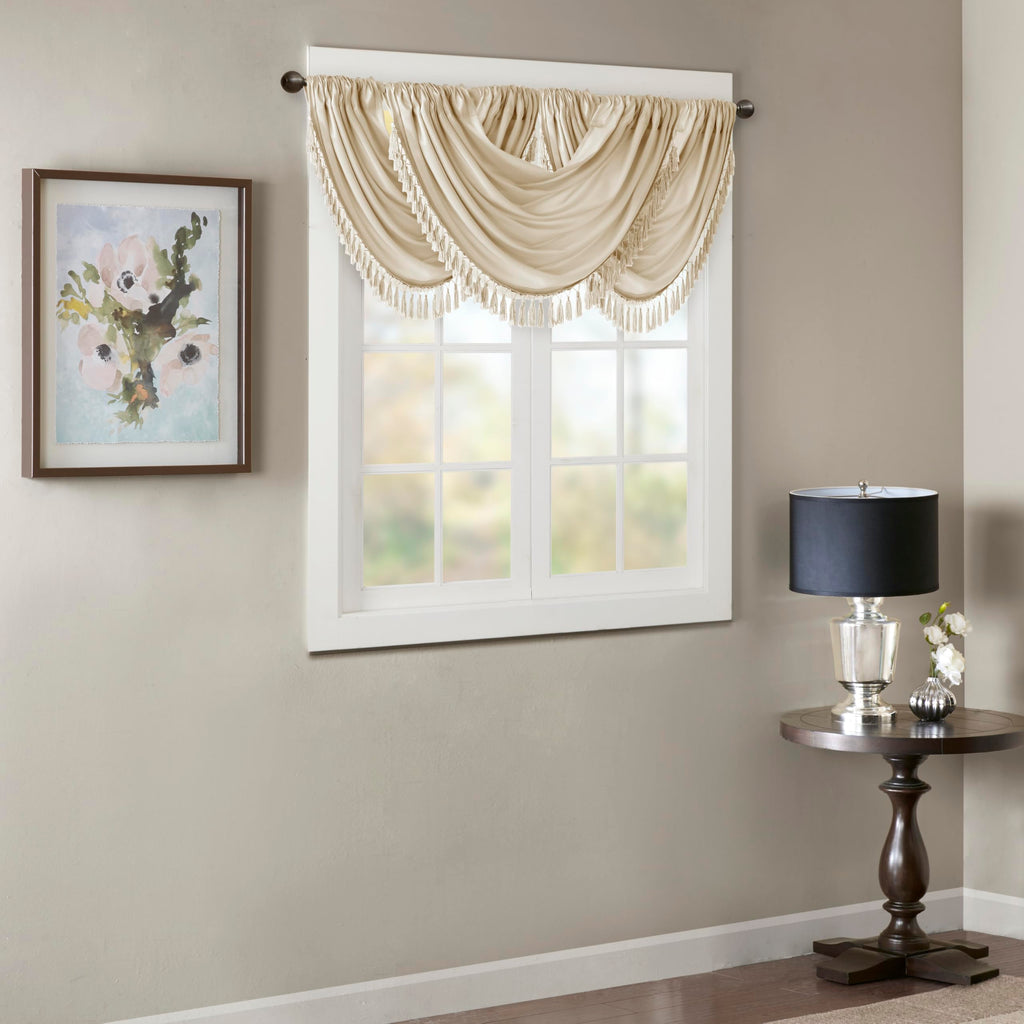 Madison Park Elena Waterfall Embellished Rod Pocket Valance , Faux Silk Valances for Window , 38X46" , Champagne