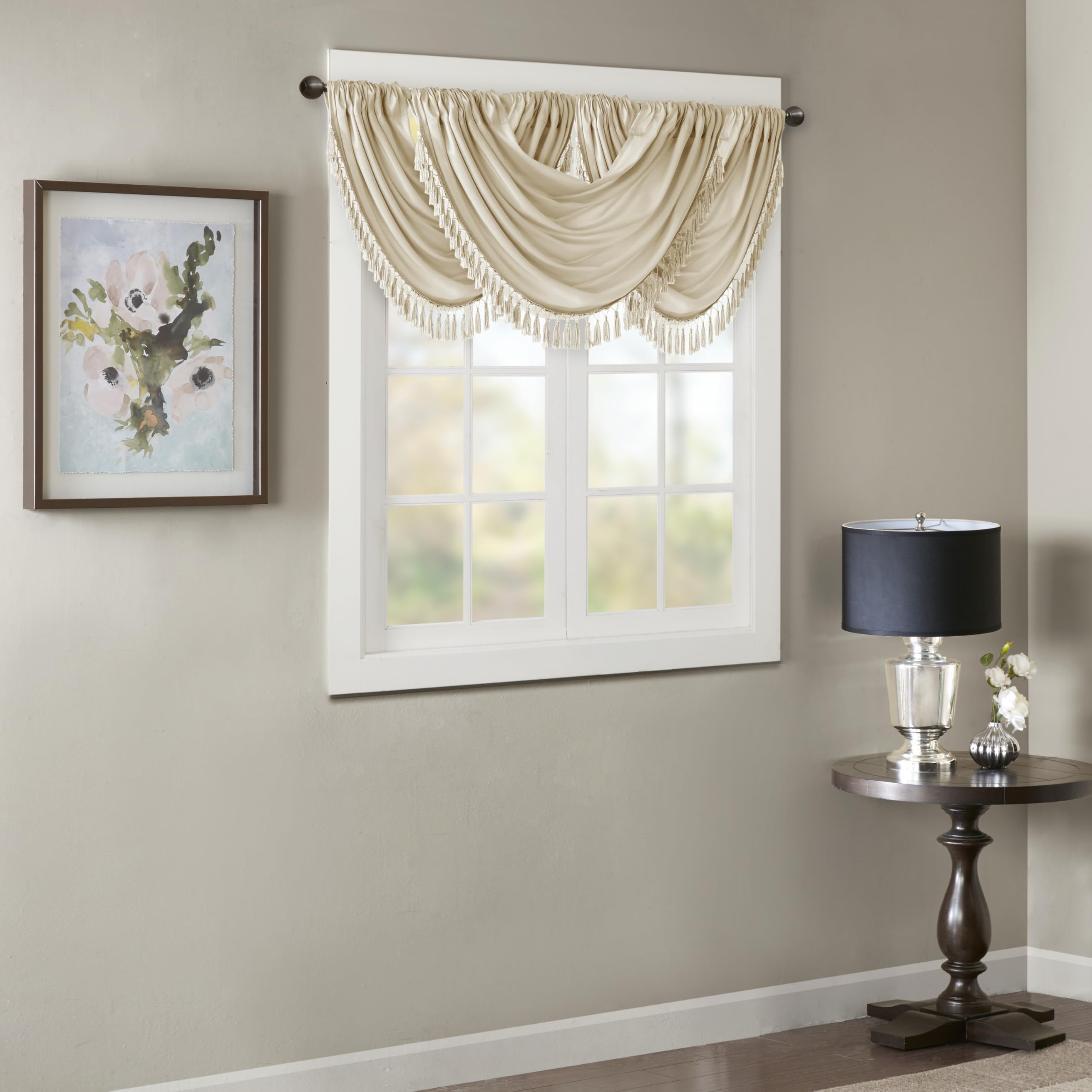 Madison Park Elena Waterfall Embellished Rod Pocket Valance , Faux Silk Valances for Window , 38X46" , Champagne