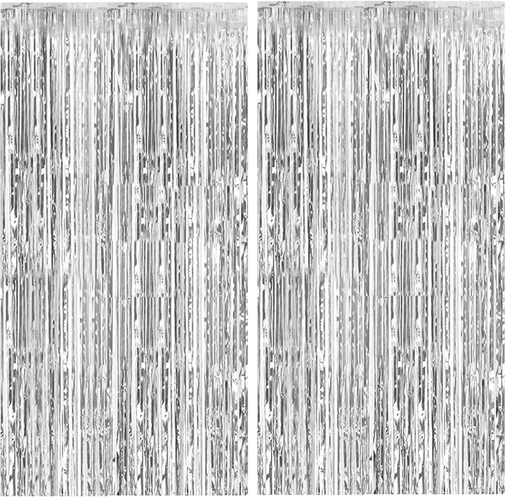 Skiennix Silver Backdrop Curtain - 2 Pack Foil Fringe Tinsel Streamers for Parties & Events