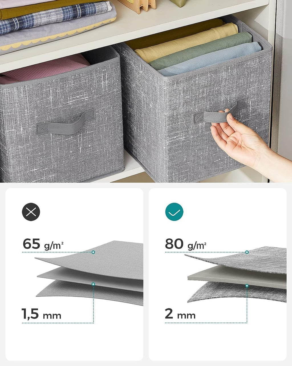 SONGMICS Storage Cubes - 11-Inch Non-Woven Fabric Bins with Double Handles - Set of 6, Cattail Gray Closet Organizers