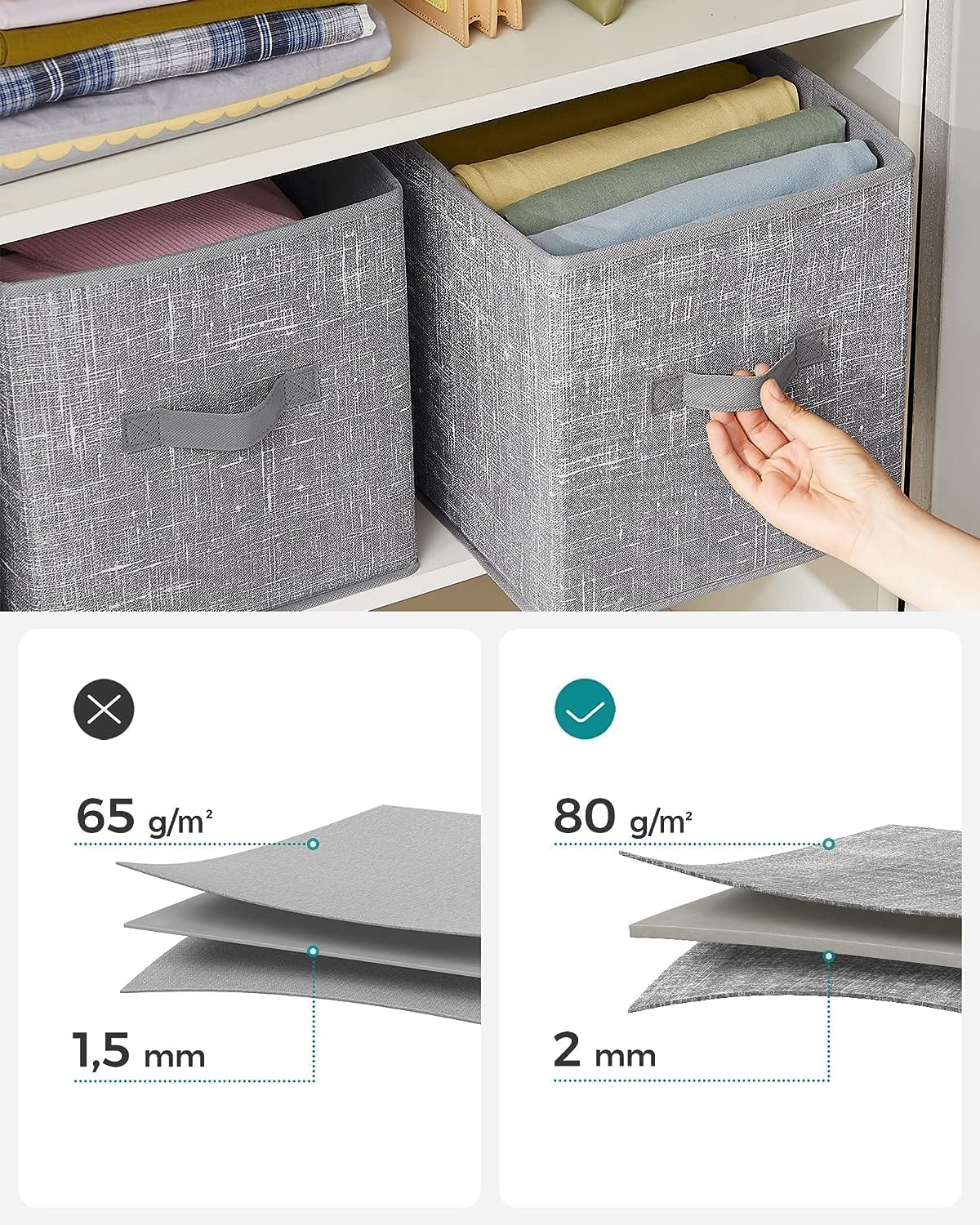 SONGMICS Storage Cubes - 11-Inch Non-Woven Fabric Bins with Double Handles - Set of 6, Cattail Gray Closet Organizers