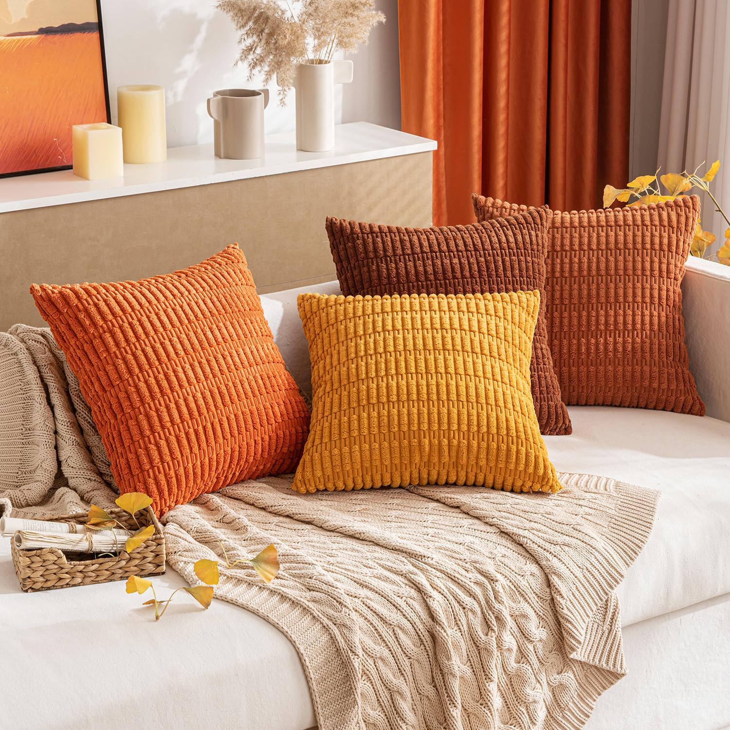 MIULEE Burnt Orange Corduroy Decorative Pillow Covers - Soft Boho Striped 18x18 Inch | Modern Farmhouse Decor
