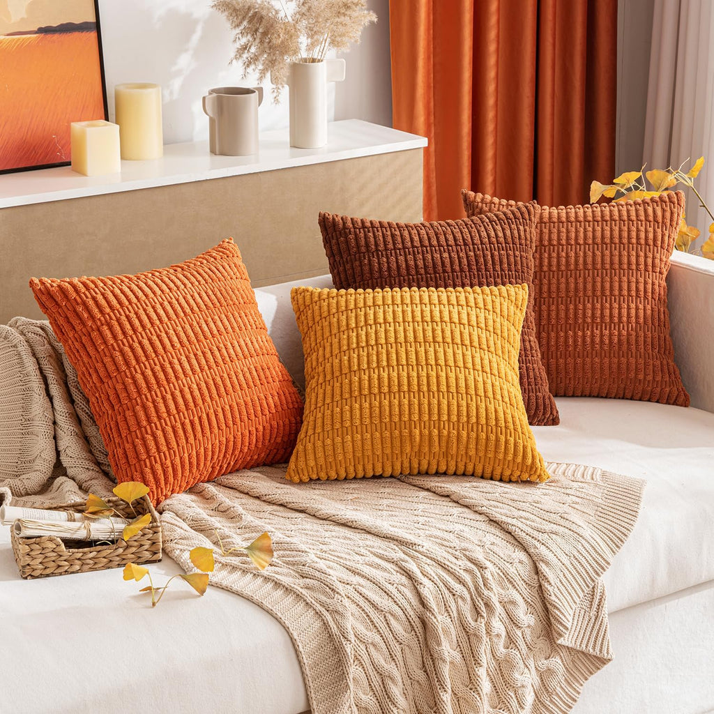 MIULEE Decorative Pillow Covers - Soft Dark Rust Corduroy | Pack of 2, 20x20 Inch, Boho Striped Design for Modern Farmhouse Decor
