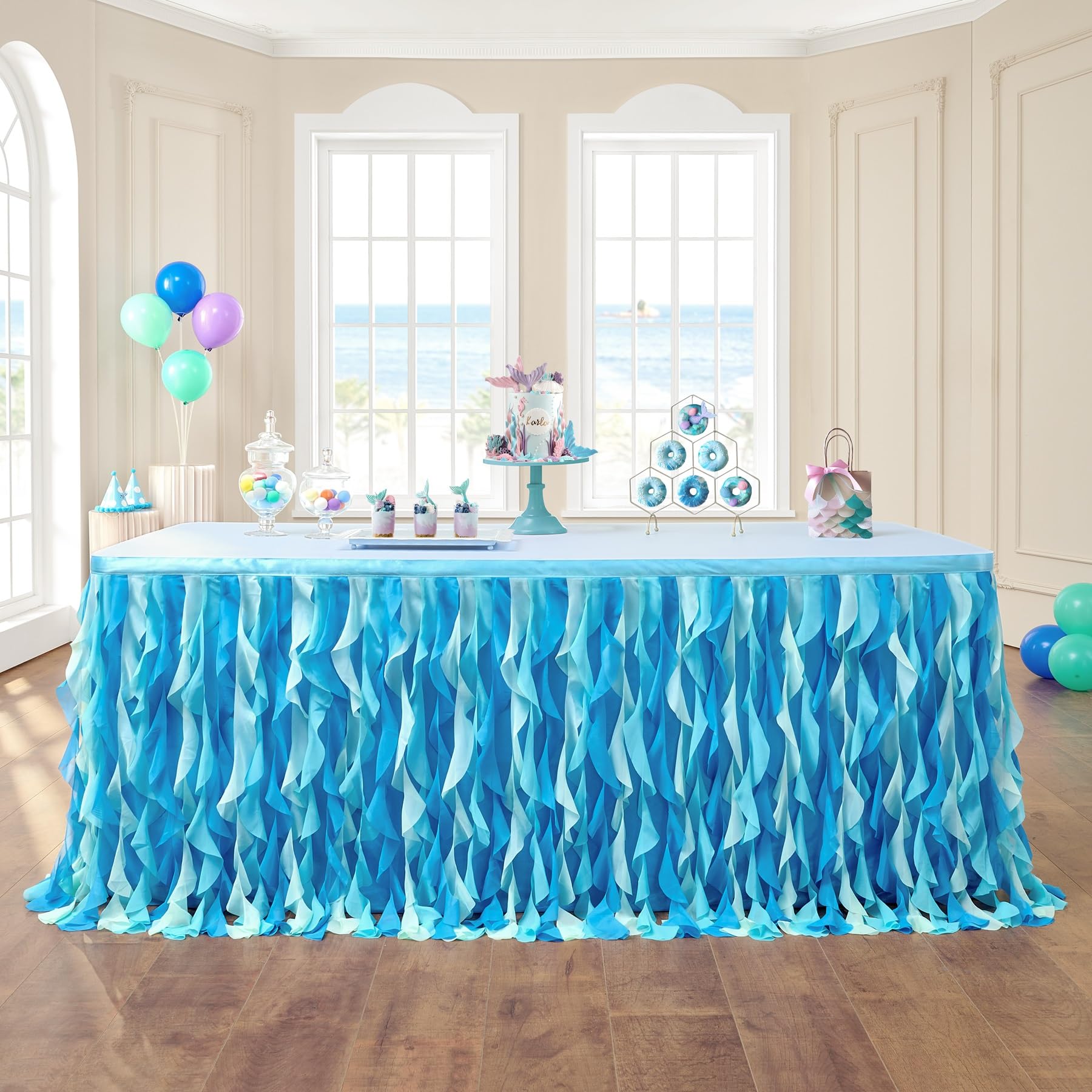 leegleri 14ft Tutu Table Skirt for 6/8ft Rectangle or Round Tables-Under The Sea Ocean Blue Baby Shark Themed Tutu Table Skirt for Baby Shower, Birthday Party,Gender Reveal