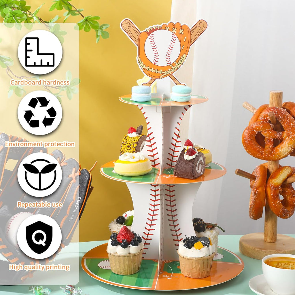 Nuenen Baseball Theme Cupcake Stand - 3-Tier Sports Party Display for Birthday Celebrations