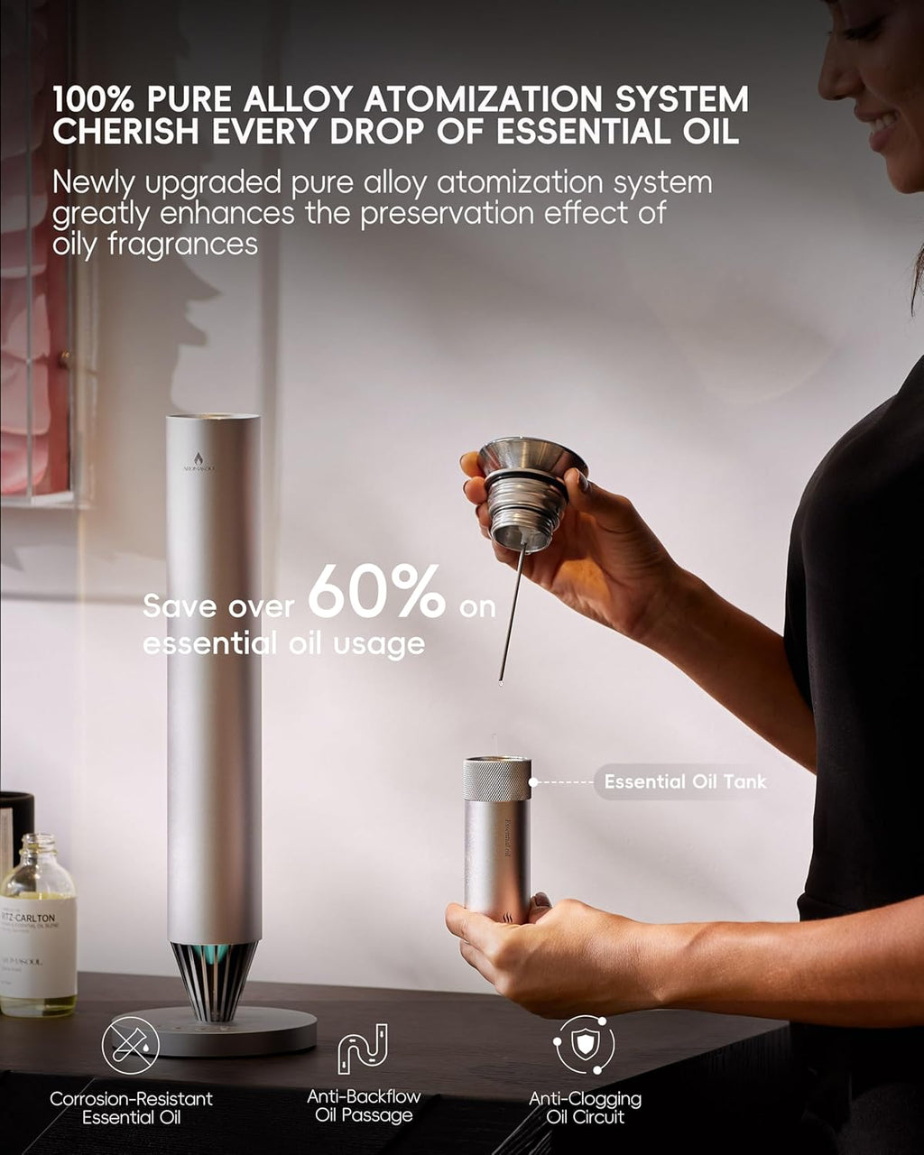 Skiennix Wireless Rechargeable Scent Diffuser Kit - 1500 Sq Ft Coverage, Mood Light & Essential Oil Included | Silver