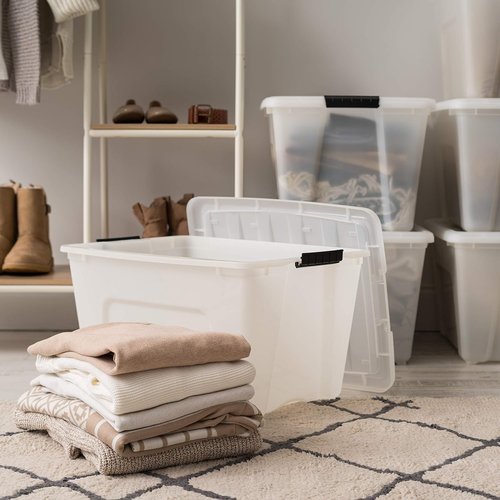 IRIS USA 54 QT Plastic Storage Box - BPA-Free, Durable Nestable Containers with Lids - 4 Pack, Pearl
