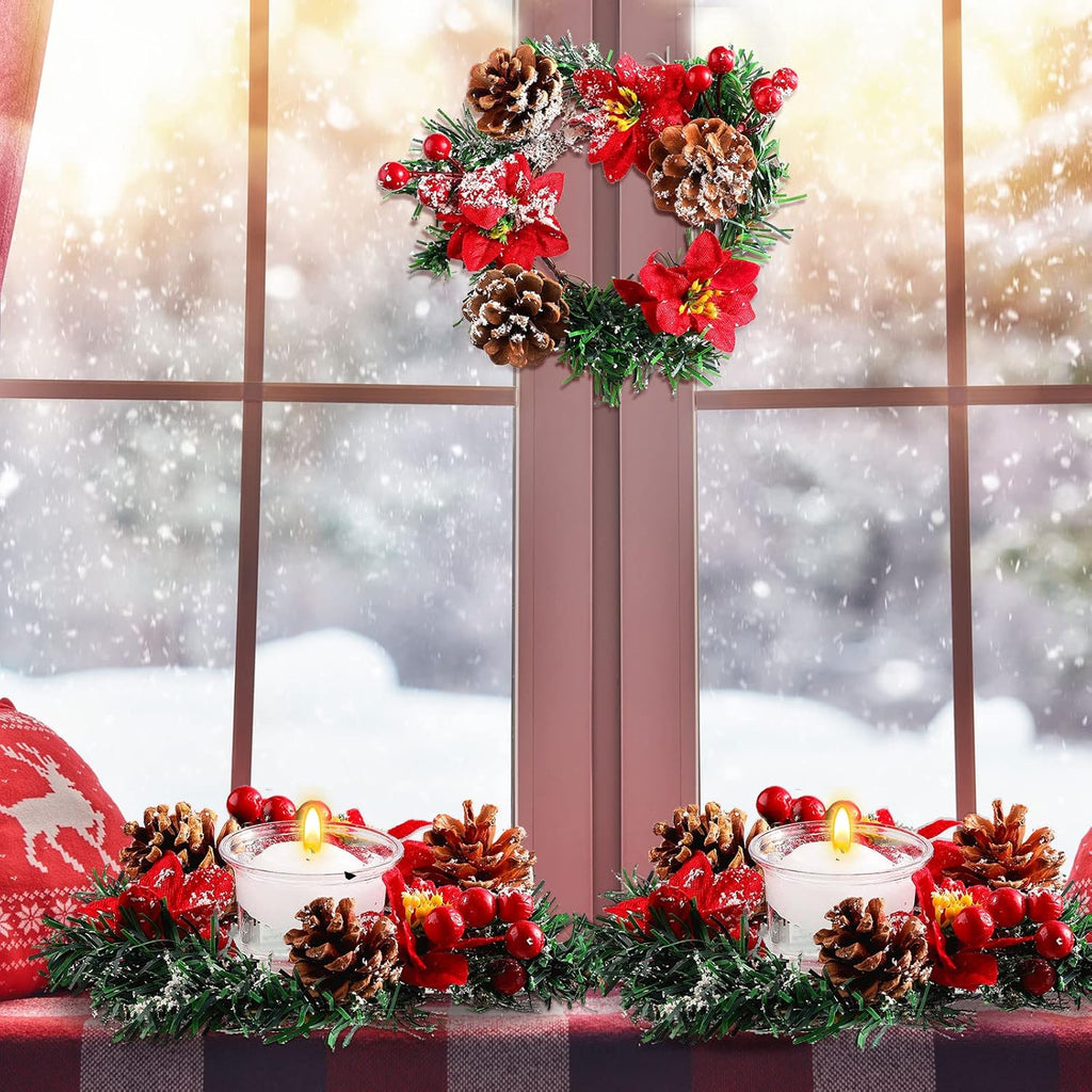 Regine Switzerland 8 Pack Christmas Poinsettia Candle Rings - Festive Table Centerpiece with Tealight Holders & Red Berries