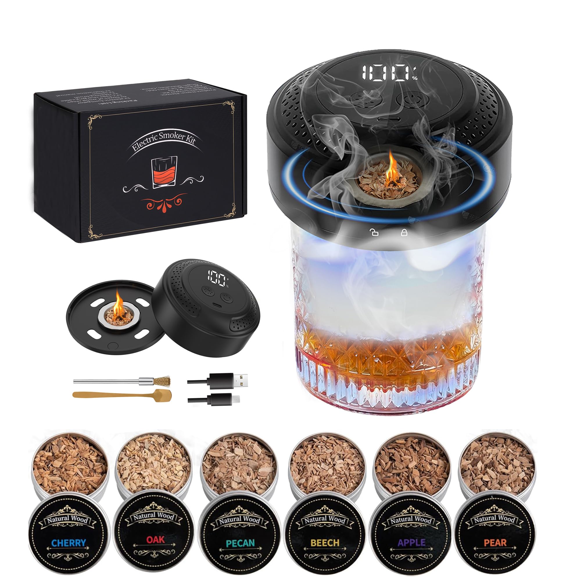 Electric Whiskey Smoker Kit With Light Modes, No Butane Needed, Rechargeable Cocktail Smoker Kit with LED Display & 6 Wood Chips, Old Fashioned Smoker Kit Bourbon Gifts for Men Dad Him