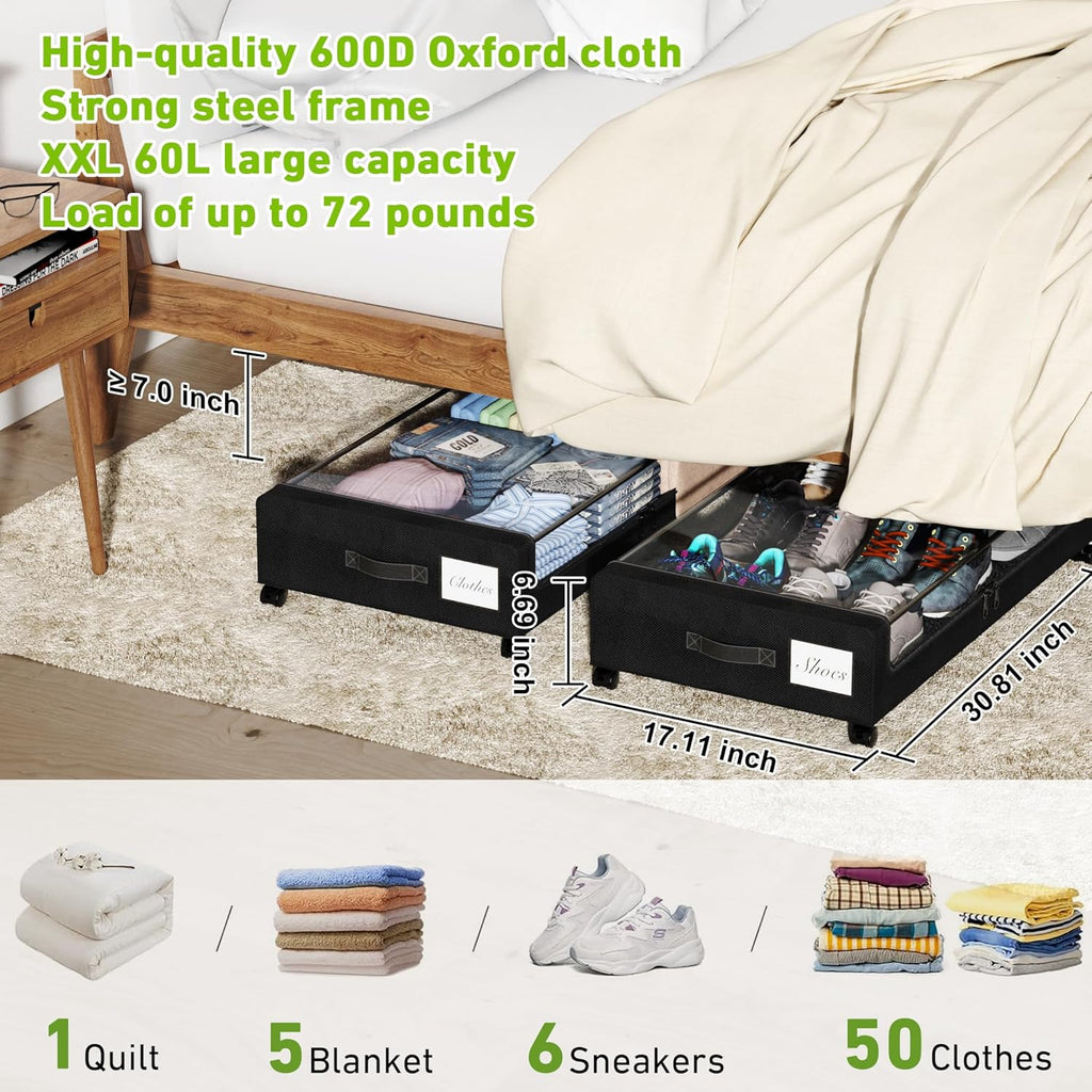 YAASHEEN Under Bed Storage Bins - 2-Pack XXL 60L Rolling Containers with Clear Lids for Clothes, Shoes, Toys - Black