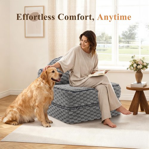 MALOL Folding Sofa Bed, 3-in-1 Convertible Sleeper Chairs with Pillow,Back Support, Fuzzy Fabric Floor Couch Bed for Adults, Boneless Couches Living Room, Bedroom, Apartment, Grey