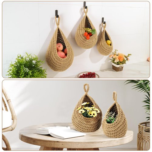 Wall Hanging Baskets for Organizing - 3 Pack Hanging Fruit Basket with 6 Pcs Strong Hooks, Handwoven Onion Storage Teardrop Home Onion Basket for Fruits Vegetable Potato Kitchen Storage(Light Linen)