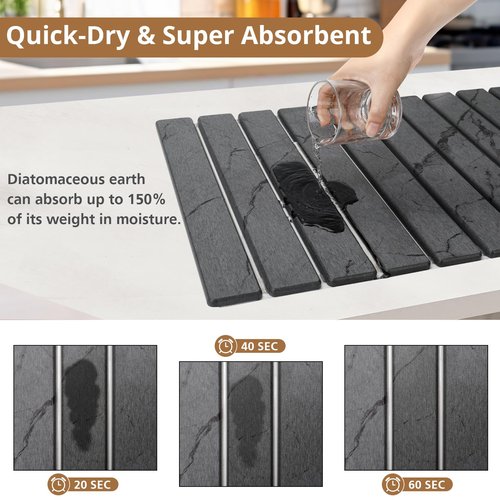 2 PCS Large Stone Dish Drying Mat for Kitchen Counter, Marbled Quick Dry Stone Dish Mats, Diatomaceous Earth Drying Pad, Foldable and Super Absorbent Dish Drying Stone Mat (Dark Gray 24"×16" & 8"×4")