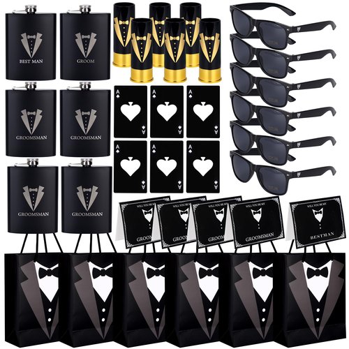 35 Pieces Groomsmen Gifts Set:6 Tuxedo Flask 6pcs Bottle Opener 6 Groomsmen Gauge Glasses 6 Sunglasses 5 Card 6 Gift Bags for Wedding Bachelor Party