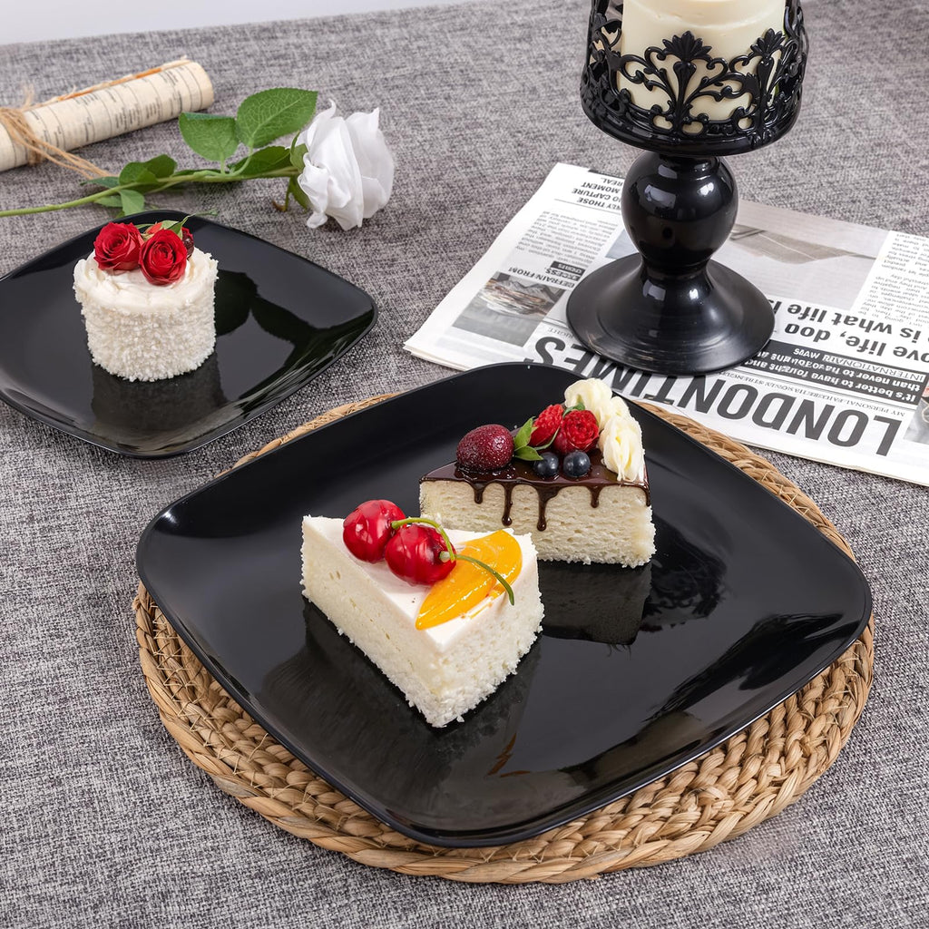 PULOTE 100 PCS Black Square Plastic Plates Disposable - Include 50 Each (10" Dinner & 7.25" Dessert) Plates - Ideal for Party & Graduation