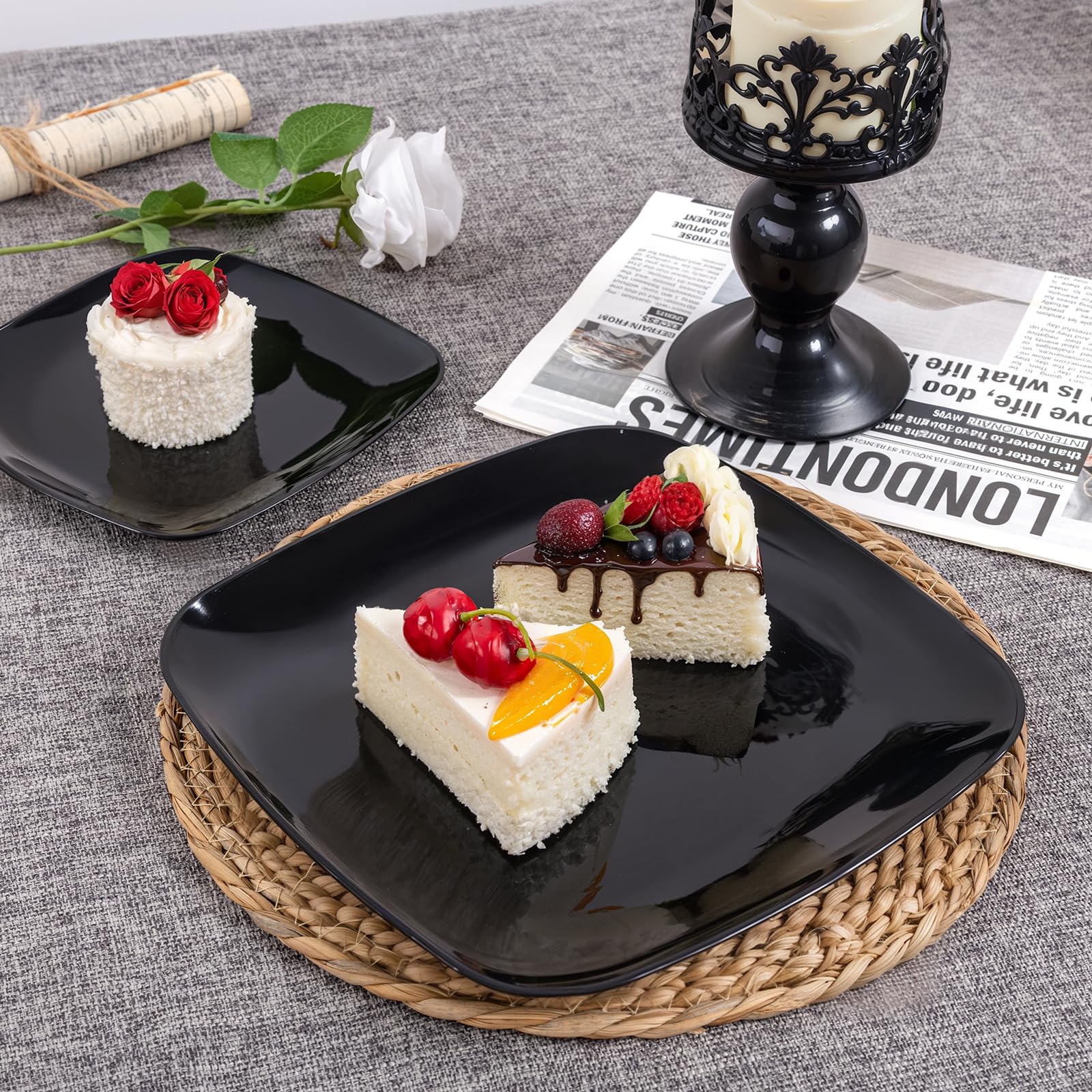 PULOTE 100 PCS Black Square Plastic Plates Disposable - Include 50 Each (10" Dinner & 7.25" Dessert) Plates - Ideal for Party & Graduation