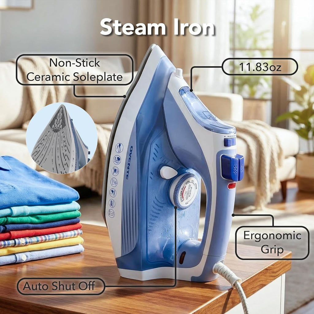 OVENTE Steam Iron - 1200W Non-Stick Ceramic Soleplate, Auto Shutoff & Self-Cleaning, Blue | 11.83oz Water Tank
