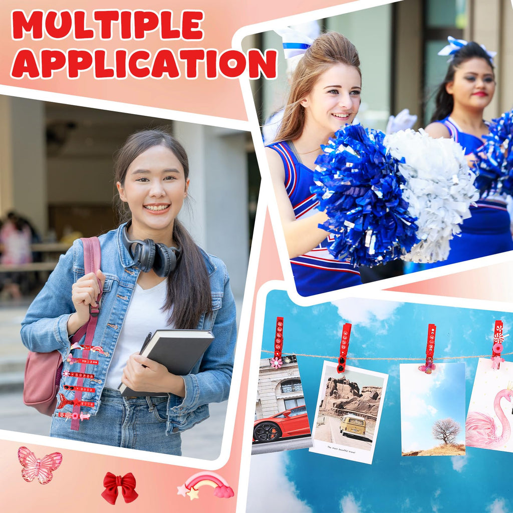 Youyole 50 Sets Cheer Pins Spirit Clips Include Wooden Clothes Pins Mini Resin Animals Bows Beads Letters Self Adhesive Stickers Pen for Cheerleaders Backpacks Christmas Gifts DIY Craft (Red)