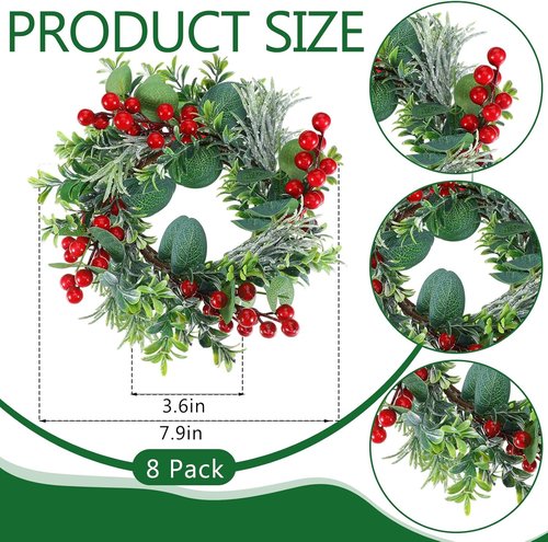 Daifunli Mini Wreaths - 8 Inch Christmas Candle Rings with Artificial Red Berries & Eucalyptus | Perfect for Home Decor