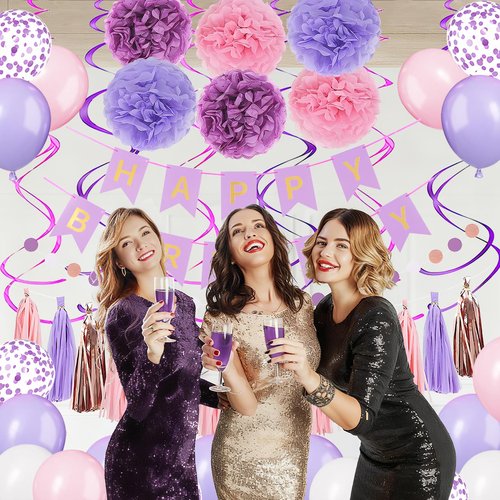 Purple Happy Birthday Party Decorations for Women Girls with Happy Birthday Banner,Paper Tassel,Tissue Paper Pompoms, Hanging Swirl,Circle Garland,Balloons for Party Decor