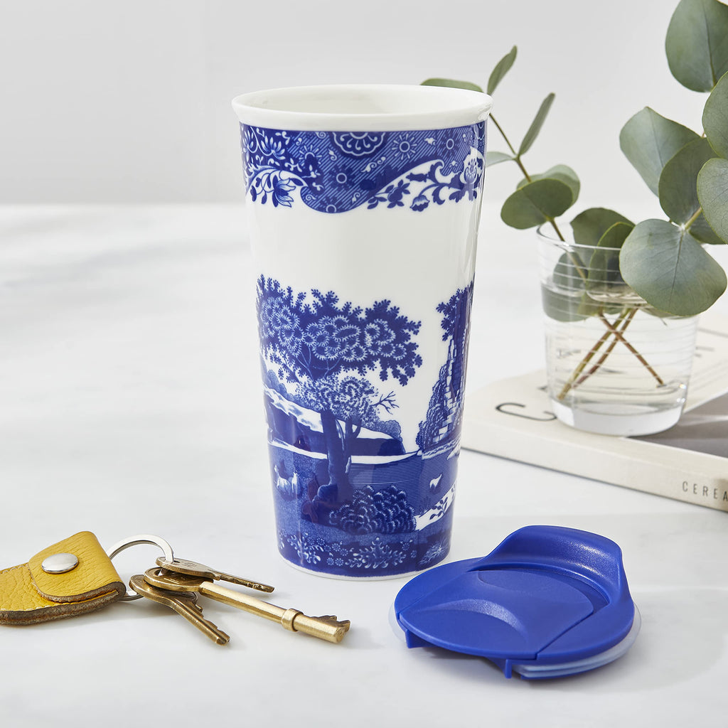 Spode Blue Italian 8oz Porcelain Travel Mug with Lid – Scenic Patterned Drinkware with Decorative Border - Portable Ceramic Coffee Cup for Brunch, Tea, On-the-Go Hot Beverage Moments