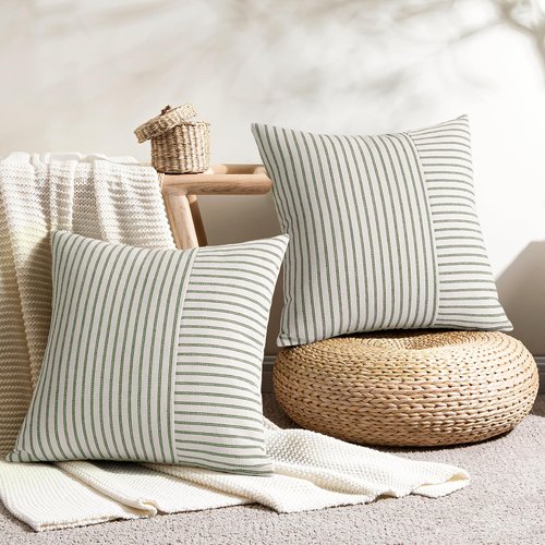 YCOLL Farmhouse Pillow Covers 18x18, Modern Accent Square Throw Pillow Covers Set of 2, Olive Green and Beige Striped Patchwork Linen Decorative Cushion Covers for Couch Chair Bedroom Home Decor