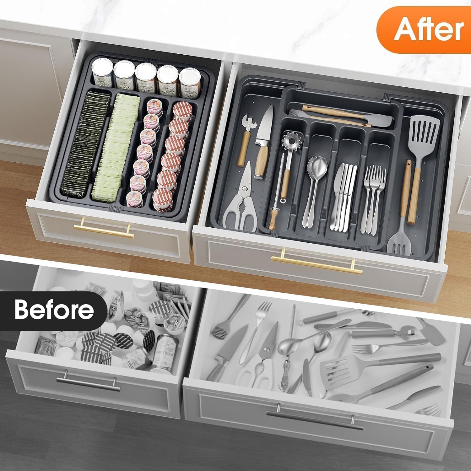 SpaceHacks Silverware Organizer - Adjustable & Expandable Utensil Drawer Holder | BPA-Free Cutlery Tray in Medium Grey