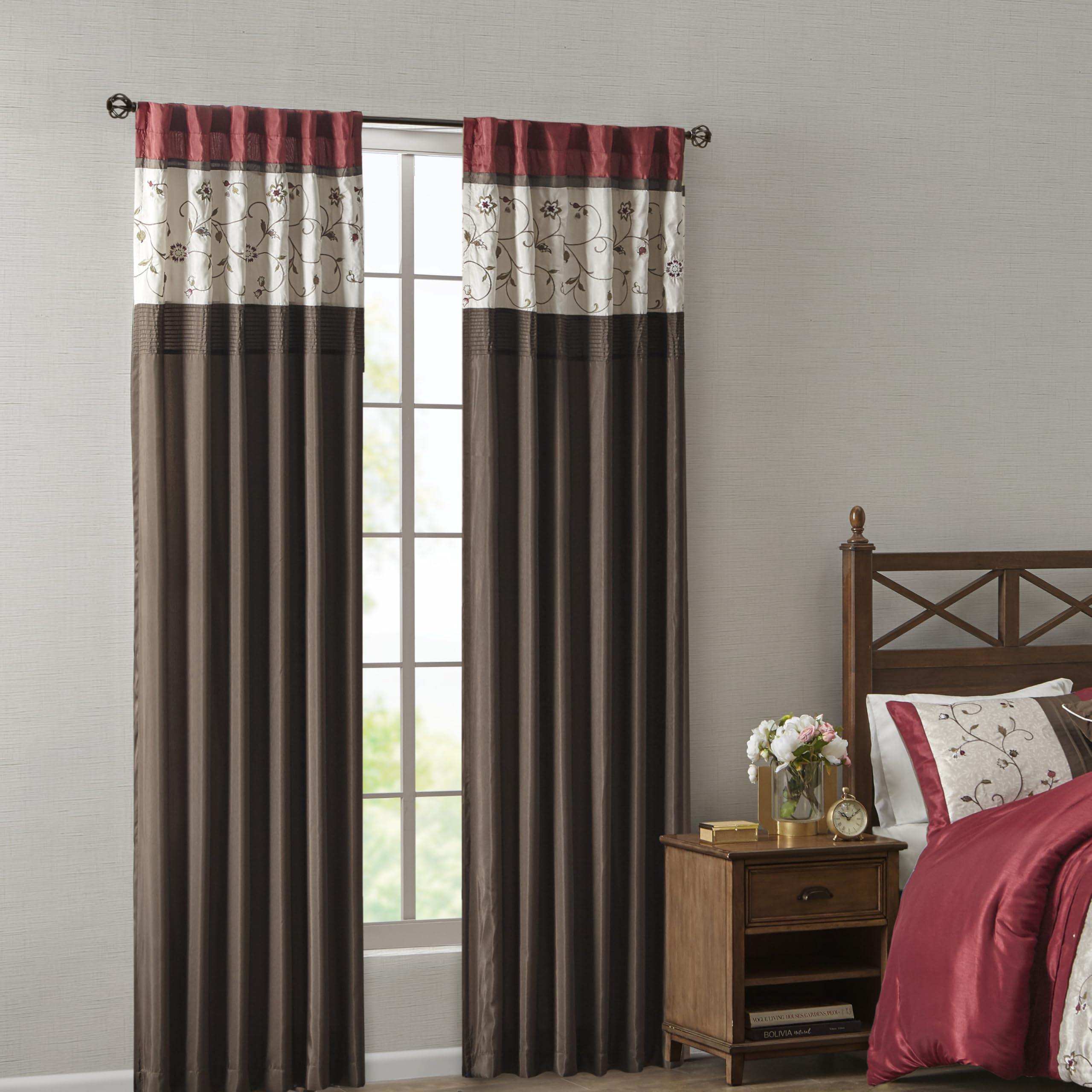 Madison Park Serene Embroidered Light Filtering Treatment Curtain Rod Pocket/Back Tab Single Window Panel Drape for Bedroom Livingroom and Dorm, 50x84", Red