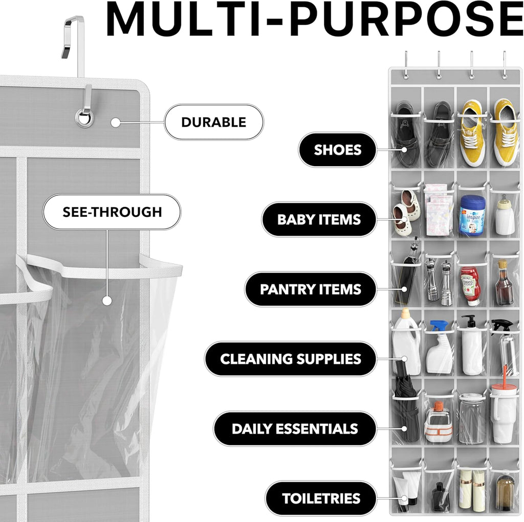 Simple Houseware 24 Pockets - Over The Door Hanging Shoe Organizer | Crystal Clear, Gray (64'' x 19'')