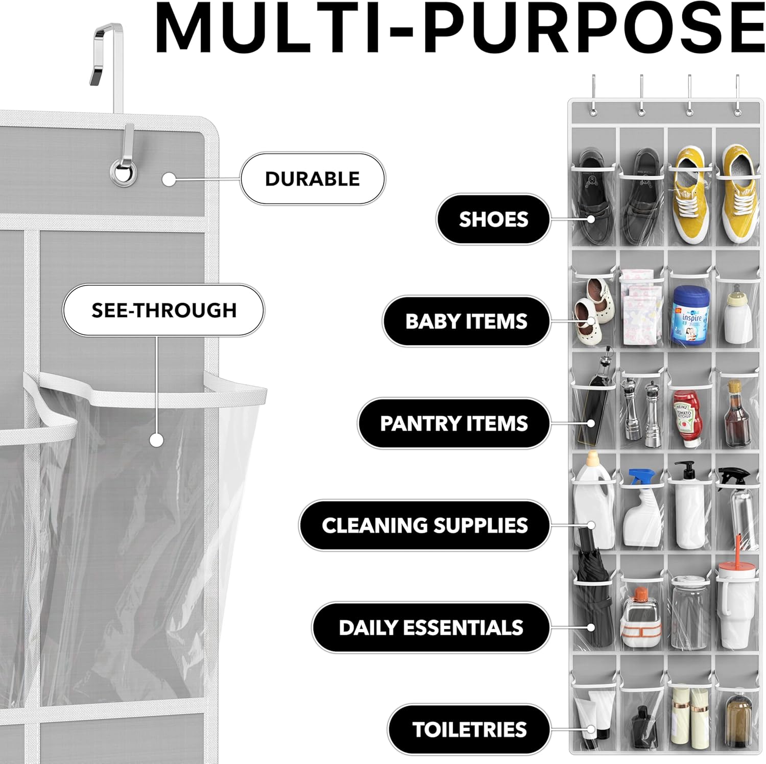 Simple Houseware 24 Pockets - Over The Door Hanging Shoe Organizer | Crystal Clear, Gray (64'' x 19'')