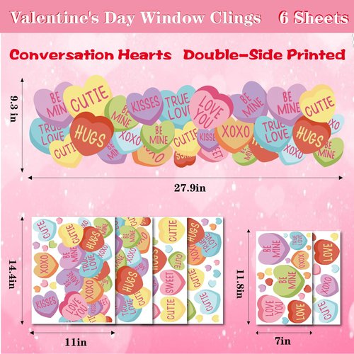 6 Sheets Valentine's Day Window Clings Conversation Heart Window Decals Colorful Candy Love Hearts Double-Sided Reusable for Home Decor Wedding Anniversary Party Supplies