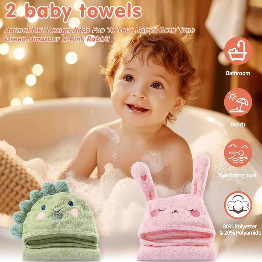 BEFACL Hooded Towel for Kids, 2 Pack Ultra Soft Coral Fleece Kids Bath Towels, Absorbent Toddler Towels with Hood Age 0-10 Years for Infant, Kids - Large 27.5 X 55 inch (Pink Rabbit & Green Dinosaur)