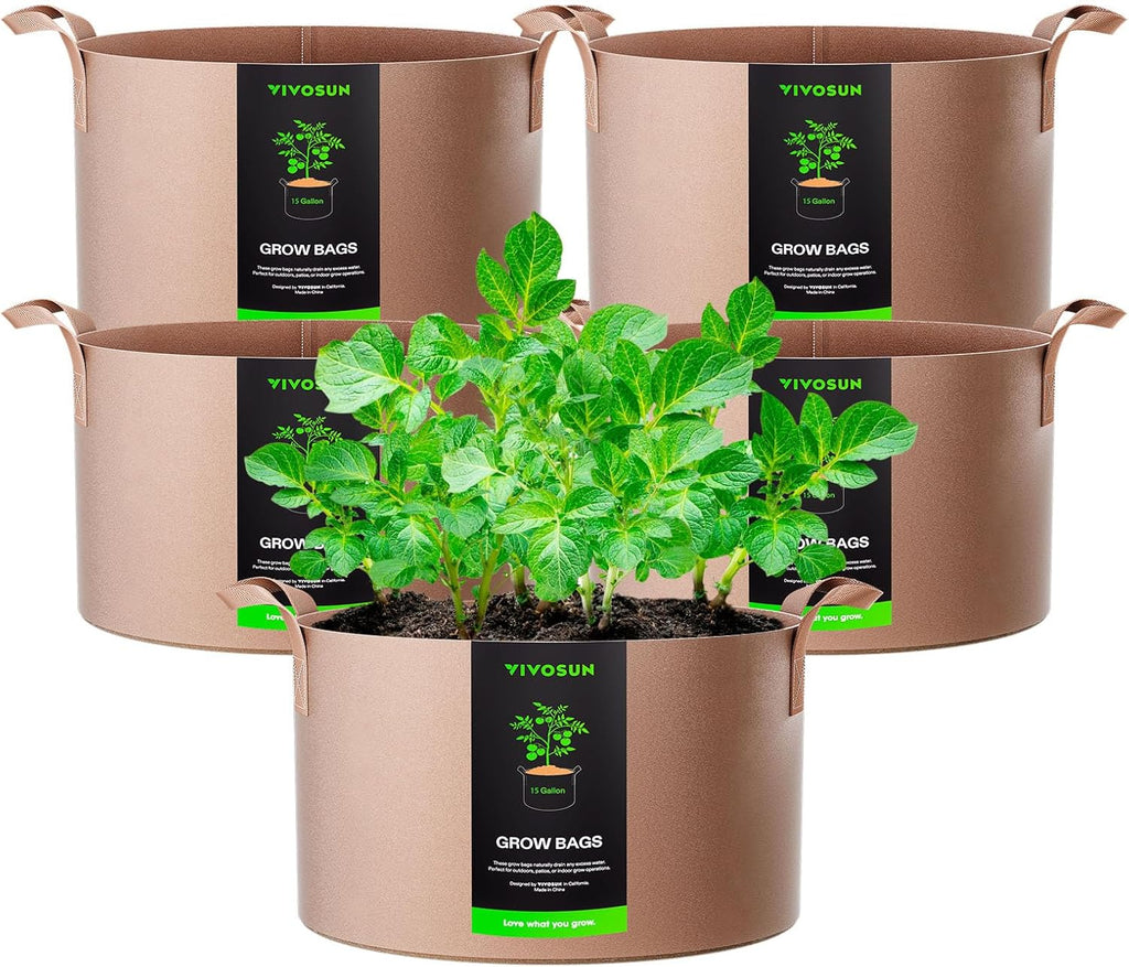 VIVOSUN 15 Gallon Heavy-Duty Grow Bags - Thickened Nonwoven Fabric Pots with Strap Handles | Tan - 5-Pack