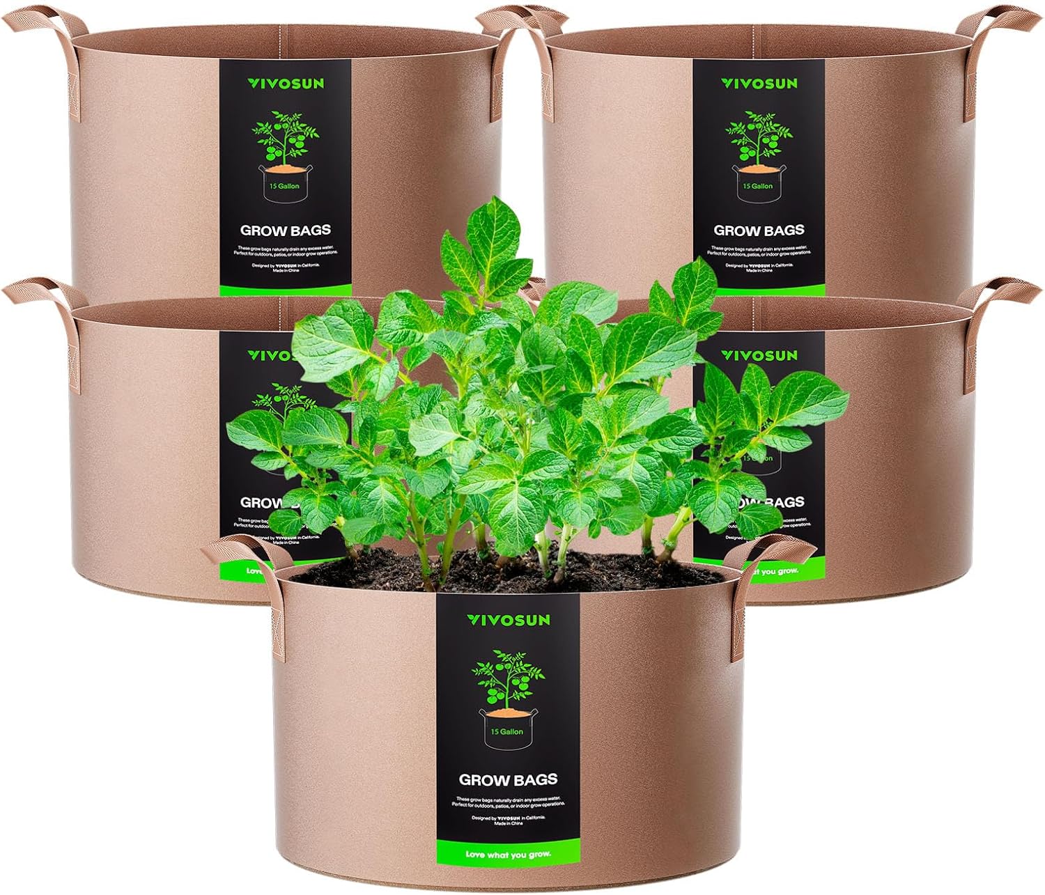 VIVOSUN 15 Gallon Heavy-Duty Grow Bags - Thickened Nonwoven Fabric Pots with Strap Handles | Tan - 5-Pack